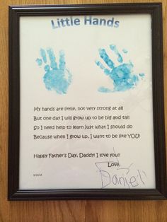 a hand and foot print is on the wall next to a framed letter that says,'little hands '