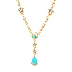 Make a heavenly statement on your neckline with this gorgeous Gem Treasures celestial necklace. Featuring star and moon shapes, it beautifully displays 7x5mm pear-shaped and 3mm round Sleeping Beauty turquoise cabochons at the center drop. Sixteen white zircon gemstones add a touch of dazzling sparkle. There's also stars and four 2mm Sleeping Beauty turquoise stations on the chain. The piece is finely crafted in 18K yellow gold vermeil over sterling silver. A polished finish offers brilliant shi Antique Turquoise Jewelry, Antique Turquoise, Star And Moon, Turquoise Cross, Celestial Necklace, Necklace Clasps, Sleeping Beauty Turquoise, Moon Shapes, Necklace Sizes