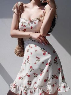 Y2K Floral Sexy Slip Dress Women's Summer Bandage Sleeveless Slim Flounce Resort Mini Dresses Elegant Office Lady Party [23y 5m 25d] Floral Ruffle Dress, Casual White Dress, Mini Dresses For Women, Suspender Dress, Slim Fit Dresses, Elegant Party, Sleeveless Mini Dress, Waist Dress, Dress Summer