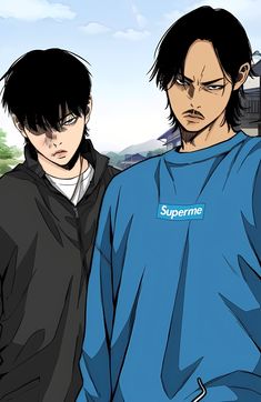 two young men standing next to each other in front of a blue sky with the words supreme on it