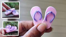 a hand holding a pink and purple pair of flip flops