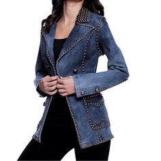 Adore Women's Small Studded Denim Blazer Jacket Nwt Blue Double Breasted Flap Pockets Brand New With Tags. Ladies Denim Jacket In A Blazer Cut With Gold-Tone Stud Details. See Pictures For Measurements. Comes From A Non-Smoking Home. Ships Quickly. Trendy Medium Wash Denim Blazer, Fitted Denim Jacket With Double Button For Fall, Fall Medium Wash Blazer With Pockets, Fitted Denim Jacket With Double Button Closure, Trendy Denim Blazer, Fitted Denim Blazer For Fall, Long Sleeve Denim Jacket With Double Button For Fall, Denim Blue Blazer With Buttons, Fitted Dark Wash Blazer For Fall