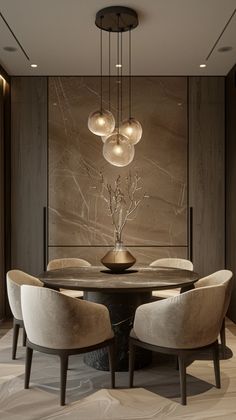 an elegant dining room with marble walls and round table surrounded by beige upholstered chairs