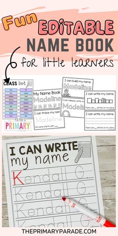 the printable name book for little learners is shown in this image and it's full text