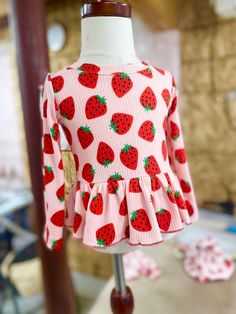 Strawberry top or dress made of ribbed knit. We offer in this listing,  Peplum top or Dress, or belle pants. Playful Long Sleeve Tops With Matching Set, Cute Strawberry Print Tops For Spring, Fitted Fruit Print Tops For Spring, Playful Red Tops For Loungewear, Sweet Fitted Tops For Summer, Cute Cotton Tops Matching Set, Long Sleeve Strawberry Print Spring Tops, Cute Cotton Tops With Matching Set, Cute Long Sleeve Matching Set Tops