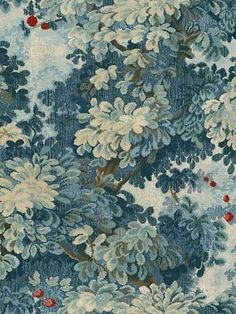 an area rug with trees and berries on the ground in blue, green, beige and white colors