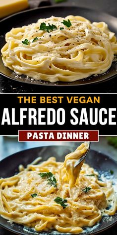 the best vegan alfredo sauce is served in a skillet