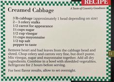 a recipe card for creamed cabbage with instructions