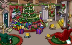 a cartoon christmas tree in a living room decorated for the holiday season with presents around it