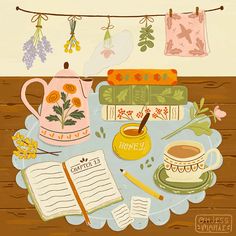 Art print of a peaceful scene of taking a reading break on a Spring day. Books Illustration Art, Lifestyle Drawing, Reading Illustration, Table Illustration, Jar Of Honey, Tea Illustration, An Open Book, Floral Elements, Open Book