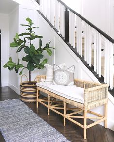 a living room with a couch, rug and plant on the floor next to stairs