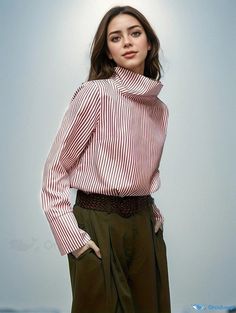 Orcajump - Striped Turtle Neck Button Decor Blouse, Elegant Long Sleeve Blouse, Women's Clothing Blouse Elegant, Button Decor, Long Sleeve Striped Top, Casual Cardigans, Women Sleeve, Striped Blouse, Fall Outfits Women, Striped Long Sleeve, Stripe Print