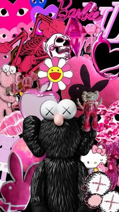 a black bear with pink hearts and skulls on it's face is surrounded by other cartoon characters