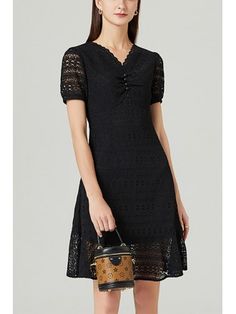 L-5XL Romantic Little Black Lace Dress Vneck With Bubble Short Sleeves Little Black Lace Dress, Dresses For Apple Shape, Dresses For Wedding Guests, 2024 Dresses, Dresses For Wedding, Semi Formal Dresses, Bridal Party Dresses, Wedding Guest Dresses, Dresses 2024