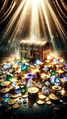 an image of a chest full of gold coins and jewels with bright lights in the background