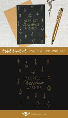 a christmas card with the words merry wishes on it and a pen next to it