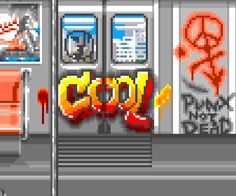 an old school computer game with graffiti on the wall and door to another building in the background