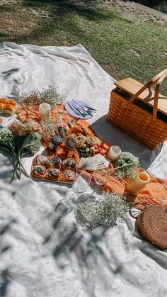 an outdoor picnic with food and drinks laid out on a blanket in the shade,