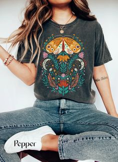 Celestial Shirt Moth Butterfly T Shirts Moon Graphic Moon Phase Astrology Astronomy, , Garment Dyed, Boho, Oversized, Vintage Butterfly Boho, Moth Butterfly, Cottagecore Shirt, Comfort Colors Tshirt, Botanical Shirt, Flower Shirt, Comfort Colors Tee, Floral Vintage, Trendy Tshirts