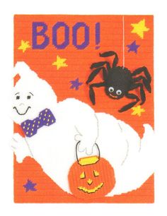 a halloween card with a ghost and spider on it's back, says boo