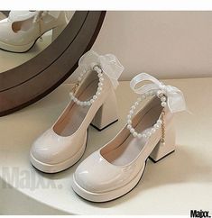 Vintage Pearl Butterfly Mary Jane Pumps Sweet High Heel Shoes Cute Shoes For Prom, Marry Jane Heels, Shabby Chic Shoes, Couqutte Shoes, Cute Shoes To Get, Pretty White Heels, Cute Small Heels, Wedding Mary Janes, Pretty Shoes Aesthetic