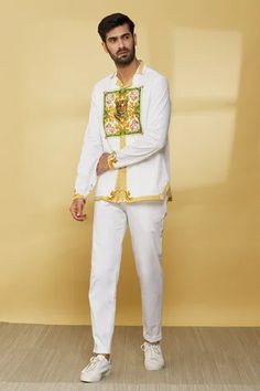 Shop for Mr. Ajay Kumar White Luxe Cotton Floral And Animal Pattern Shirt for Men Online at Aza Fashions Festive White Cotton Shirt, Designer Cotton Kurta For Spring, Designer Cotton Sets For Spring, White Dress Shoes, Pattern Shirt, Animal Pattern, Shirt Pattern, Aza Fashion, Sleeve Type