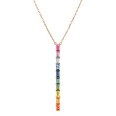 Crafted in quality 14 karat yellow gold  this delightful pendant will add bold rainbow colors to your wardrobe with 10 baguette multi-colored sapphires at approximately 1.56 carats total weight. These magnificent gemstones hangs from a matching  adjustable 18-inch cable chain with a lobster clasp. The colorful design measures approximately 1 and 1/8 of an inch long. Colored Sapphires, Rainbow Sapphires, Jewelry Cleaning Solution, Rainbow Jewelry, Gemstone Necklaces, Platinum Jewelry, Filigree Design, Oval Pendant, Colourful Necklace