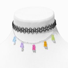 Claire's Glow In The Dark Gummy Bears® Charms Black Tattoo Choker Necklace Silver Rave Jewelry For Gift, White Rave Jewelry For Gift, Cheap Emo Choker For Concerts, Black Rave Style Choker Jewelry, Claires Necklace, Glow In Dark Necklace, Dream Daughter, Gummy Bears Necklace, Rave Style Multicolor Choker