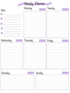 the printable weekly planner is shown in purple