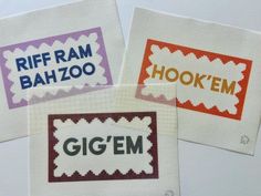 three different types of embroidered labels on white fabric, one with the word hokem