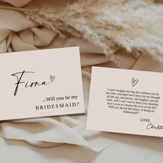 two cards that say, will you be my bridesmaid?