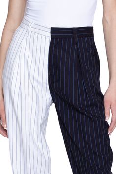 Blue Vertical Stripes Pants For Spring, Blue Striped Pants For Spring, Trendy Vertical Stripes Bottoms For Workwear, Pinstripe High-waisted Pants For Summer, Trendy Workwear Bottoms With Vertical Stripes, Summer Pinstripe High-waisted Pants, Trendy Vertical Stripes Pants For Workwear, Trendy Vertical Stripes Pants For Work, High Waist White Pants With Vertical Stripes