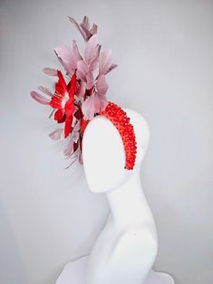 Kentucky Derby Hat Fascinator Large Red Flower With Red and White Leaves With Blush Pink Feathers on Red Crystal Beaded Headband - Etsy Derby Hats Fascinators, Hat Fascinator, White Leaves, Kentucky Derby Hat, Derby Hat, Beaded Headband, Pink Feathers, Lost Art, White Leaf