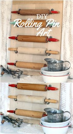 an old wall rack with rolling pin art on it