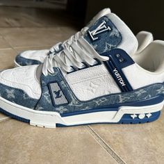 Louis Vuitton Trainer Lv8/Us9-9.5 Denim Rare!!! Hard To Find! Great Condition.. A Brand New Box. Never Worn Or Tried, Taken Out Of The Box Just For Photo Purposes. 100% Genuine Guaranteed. The Package Will Be Sent Out As Soon As Possible Lv Sneakers For Men, Lv Trainer Sneaker Outfits, Men Mood Board, Lv Shoes For Men, Louis Vuitton Zapatos, Nice Shoes For Men, Nike Blazer Black, Zapatillas Louis Vuitton, Louis Vuitton Mens Sneakers