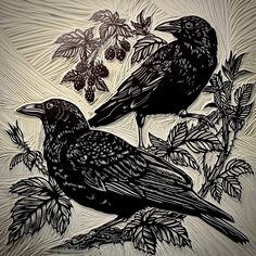 two black birds sitting on top of a tree branch next to leaves and berries in the background