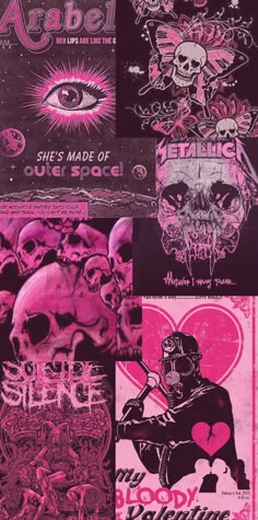 various posters with skulls and hearts on them