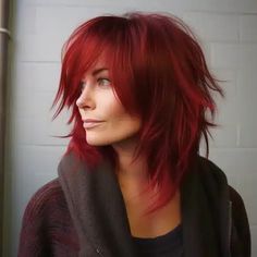 Dynamic Red Shag with Chunky Layers 1 Layered Hair Ideas Medium, Shaggy Rocker Haircut, Red Shoulder Length Hair With Layers, Shaggy Haircuts Side Part, Shirley Manson Hair, Red Shag Haircut Medium, Alternative Medium Haircut, Medium Length Haircut With Undercut, Red Wolfcut Short