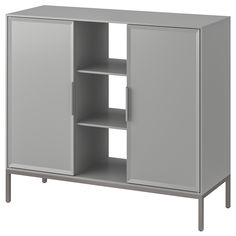 a gray cabinet with two shelves on each side