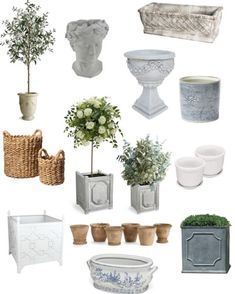 there are many different vases and planters in this photo, but one is white