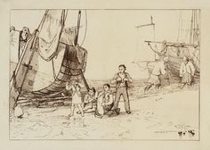 an old drawing of some people on the beach by a sailboat and another person standing next to it