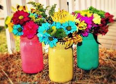 three mason jars filled with colorful flowers sitting on hay next to a white picket fence