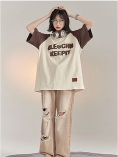 Korean Street, Product Label, Y2k Fashion, White Fabrics, Color Scheme, Raglan Sleeve, Gravity, Apricot, Contrasting Colors