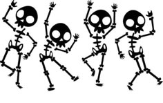 three black and white silhouettes of cartoon skeletons dancing with their hands in the air