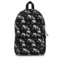 "Check out this unique dnd backpack with cats playing with dnd dice. Perfect for any d&d player or DM for trips, to school or work. Looks like a regular pattern from the far with nice rpg related details when you look closer :)  With this roomy and durable backpack, you will have space for all your holding! This bag is made from spun polyester and weights 1.3 lbs, just enough to be light, strong and long-lasting. Grab it, stow it, throw it onto the seat next to you, this backpack can take it, an Dnd Backpack, Dnd Gifts, Cats Playing, Durable Backpack, Cat Backpack, Dnd Dice, Sewing Tags, Soft Bristle Brush, School Backpack