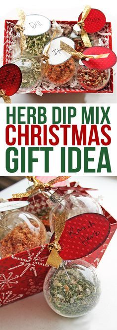 two red boxes filled with different types of christmas treats and the words herb dip mix gift idea