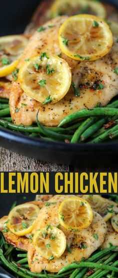 lemon chicken with green beans and asparagus on a black platter in front of the same image