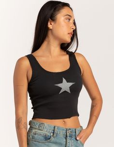 Rsq Star Tank Top. Rib Knit Construction. Star Graphic Screened On Front. Scoop Neckline. Picot Trim. Fixed Shoulder Straps. Raw Edge Hem. 95% Cotton, 5% Spandex. Machine Wash. Imported. Model Is Wearing A Size Small. Model Measurements:height: 5'7" Bust: 34"waist: 25"hips: 34.5" Casual Stretch Top With Star Print, Black Stretch Top With Star Print, Trendy Fitted Tops With Star Print, Casual Black Top With Star Patch, Trendy Black Top With Star Patch, Trendy Star Patch Tops For Spring, Trendy Tops With Star Patch For Spring, Trendy Spring Tops With Star Patch, Star Tank Top