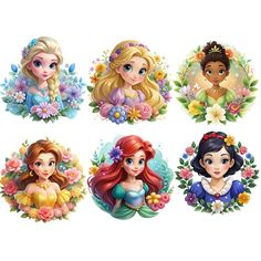 four different disney princesses with flowers in their hair