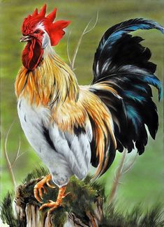 a painting of a rooster standing on top of a tree stump with grass and trees in the background